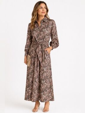 Floral Tie-Waist Maxi Shirt Dress - Brown Floral